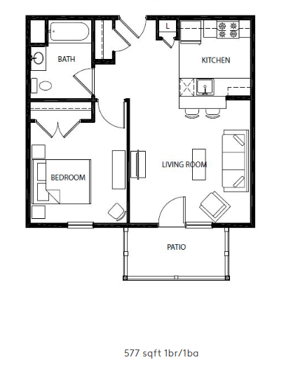Floor plan for 1 bed, 1 bath, 612 sqft